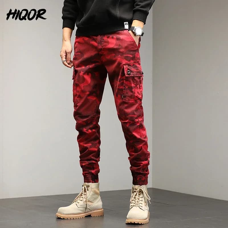 Pantalon cargo rouge camouflage HIQOR - Style streetwear pour pêche urbaine et outdoor fashion