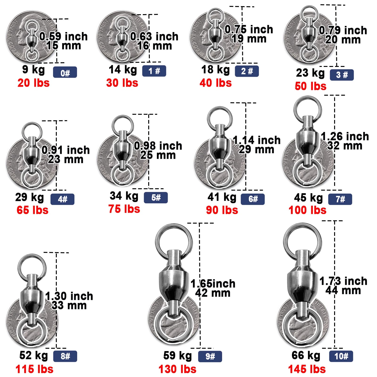 25 émerillons à billes 9KM avec anneaux split rings - Rotation fluide pour leurres et montages