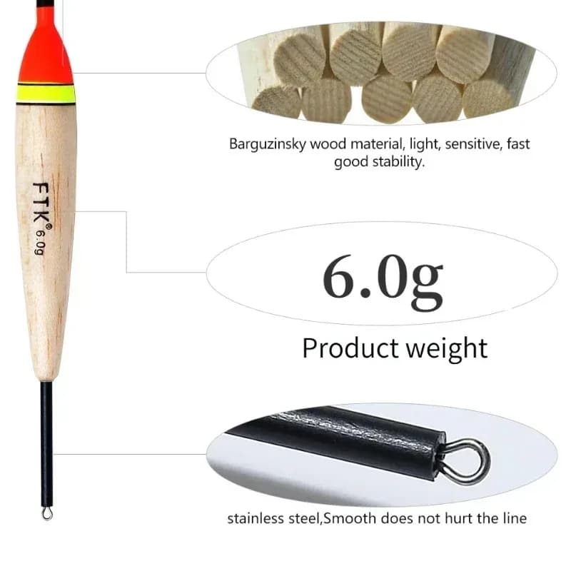 5 flotteurs de pêche haute visibilité néon avec âme bois et émerillon anti-torsion 2-5g pour eau