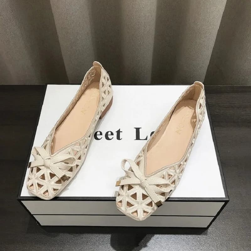 Sandales plates femme été style français 2025 - Chaussures beige découpes géométriques pour robes