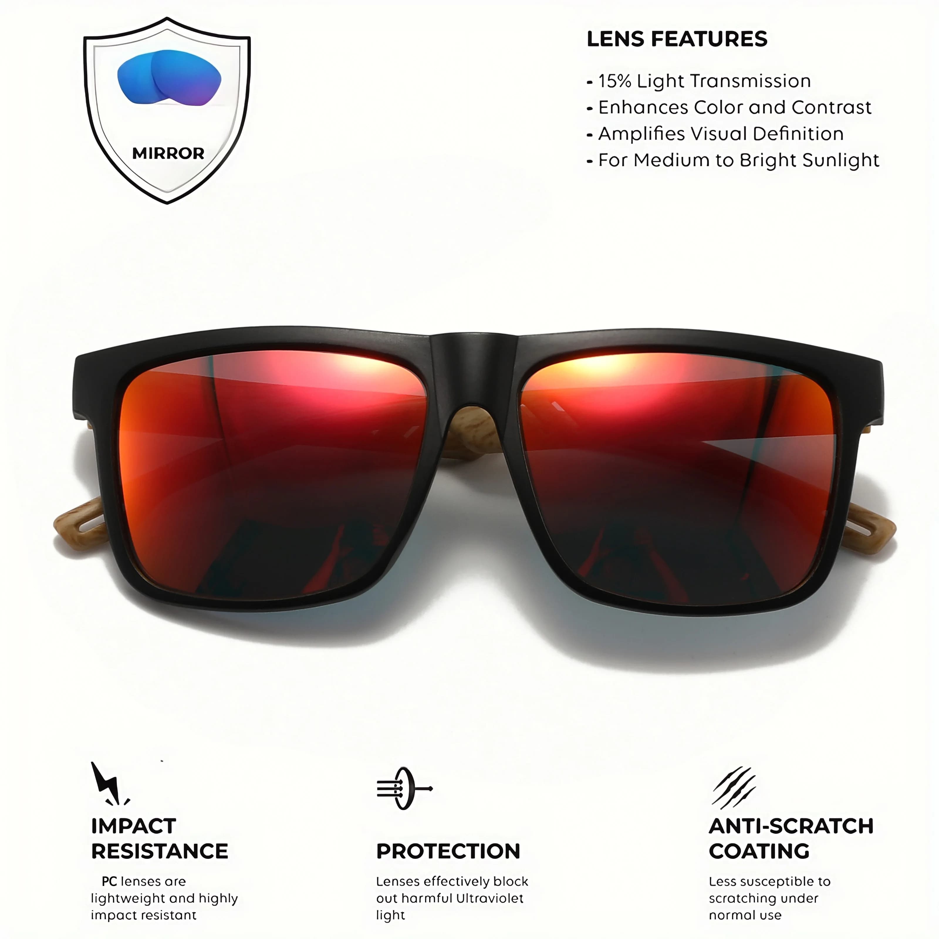 Lunettes de soleil unisex carrées bois - Charnière ressort UV400 pour conduite et randonnée