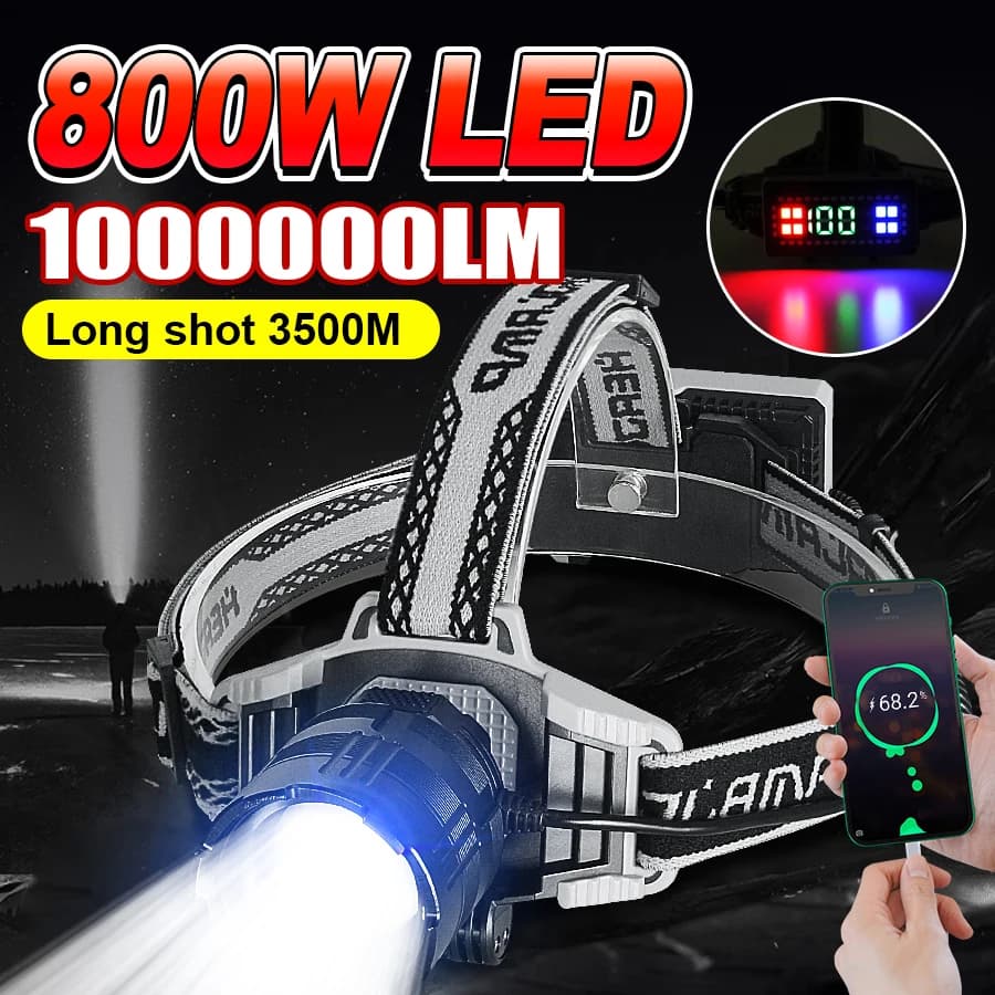 Projecteur frontal LED 1000000LM longue portée 800W rechargeable USB pour pêche professionnelle nocturne
