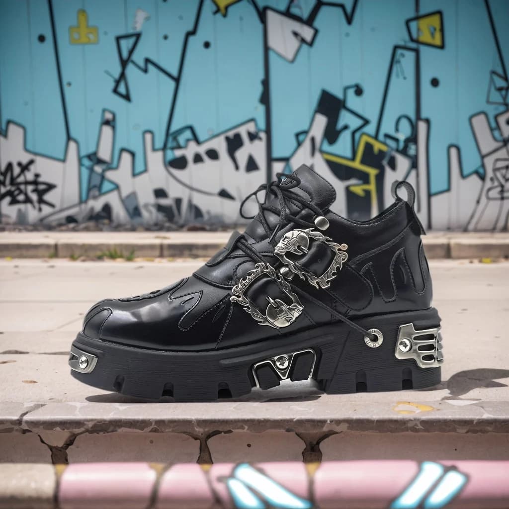 Chaussures couple vintage rock punk 2026 cuir rétro bottes unisexe plateforme unique design niche métal