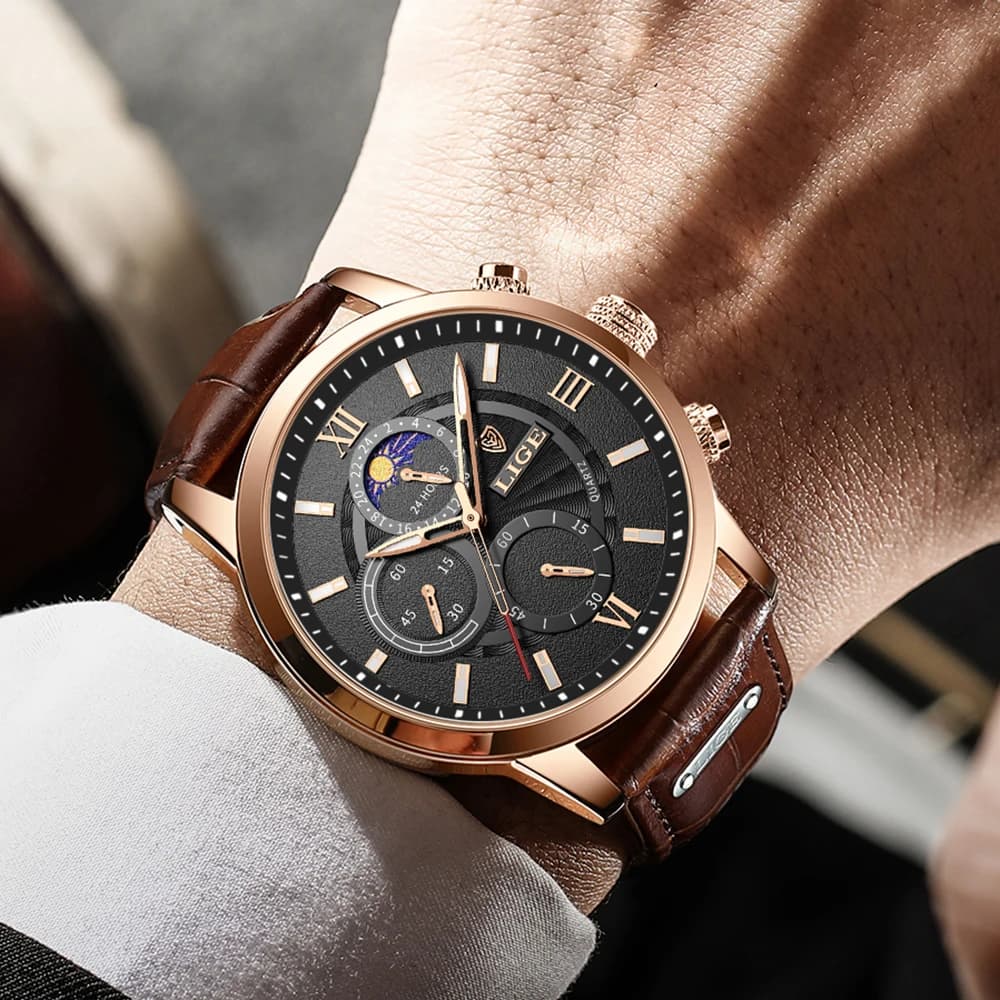 Montre homme luxe LIGE bracelet cuir quartz étanche montre sport élégante relogio masculino cadeau homme