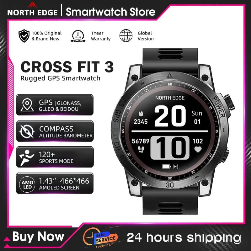 Montre GPS NORTH EDGE homme sport AMOLED altimètre baromètre boussole étanche 50m smartwatch militaire