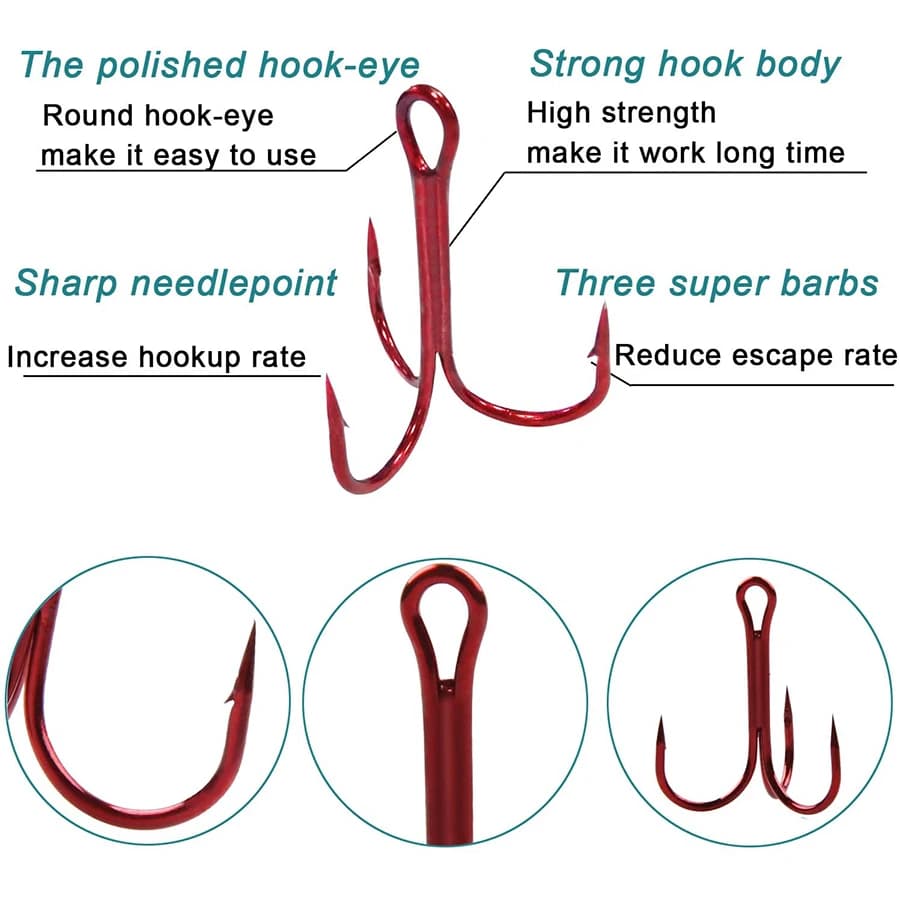 Hameçons triples rouges 50 pièces acier carbone - Kit pour leurres silure et bass tailles #2 à #10