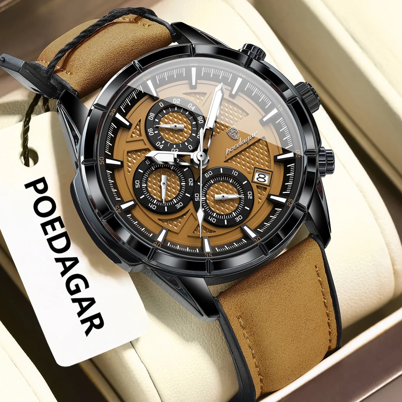 Montre homme luxe POEDAGAR - Cuir véritable chronographe - Étanche et lumineuse - Idéale pêche