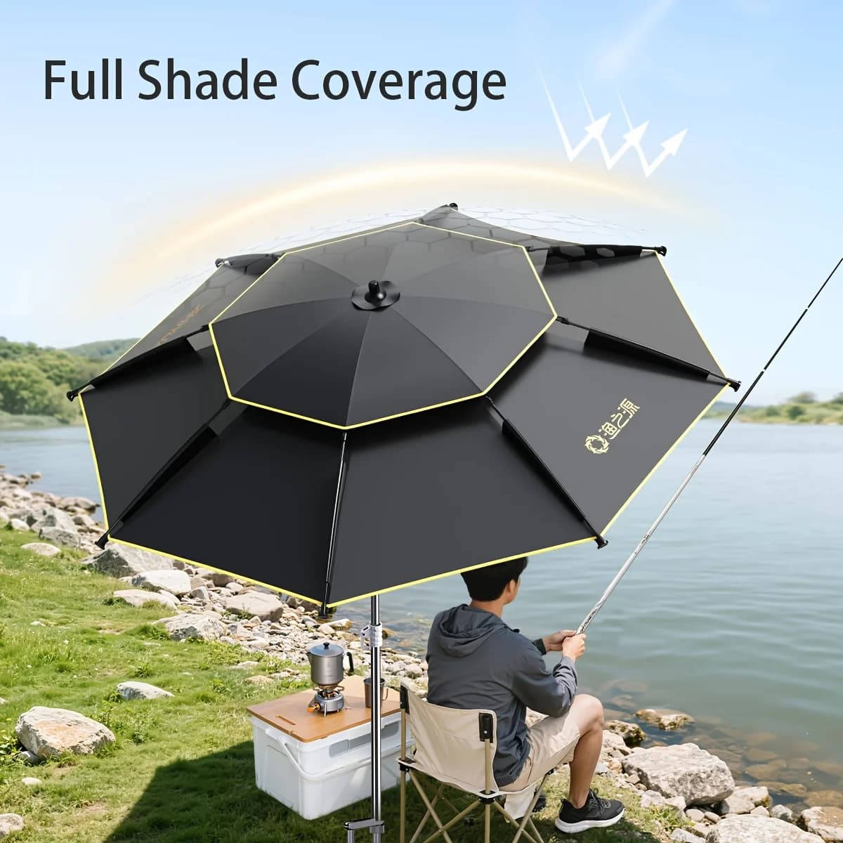 Parapluie pêche perche aléatoire colle noire épaissie 360° réglable acier inox ressort housse