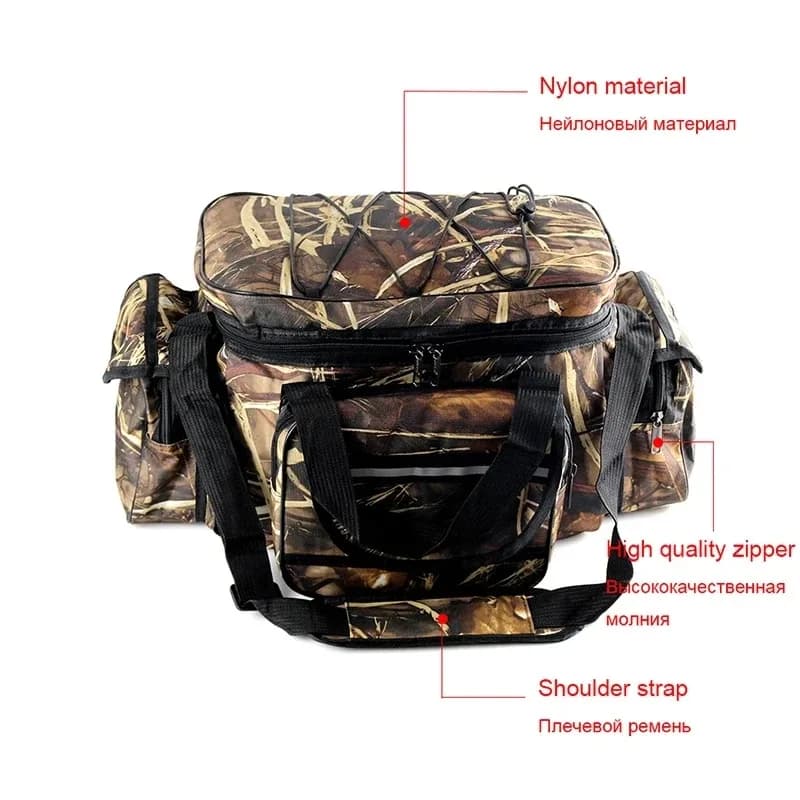 Grand sac de pêche nylon étanche 50x30x25cm - Sac bandoulière double couche capacité maximale