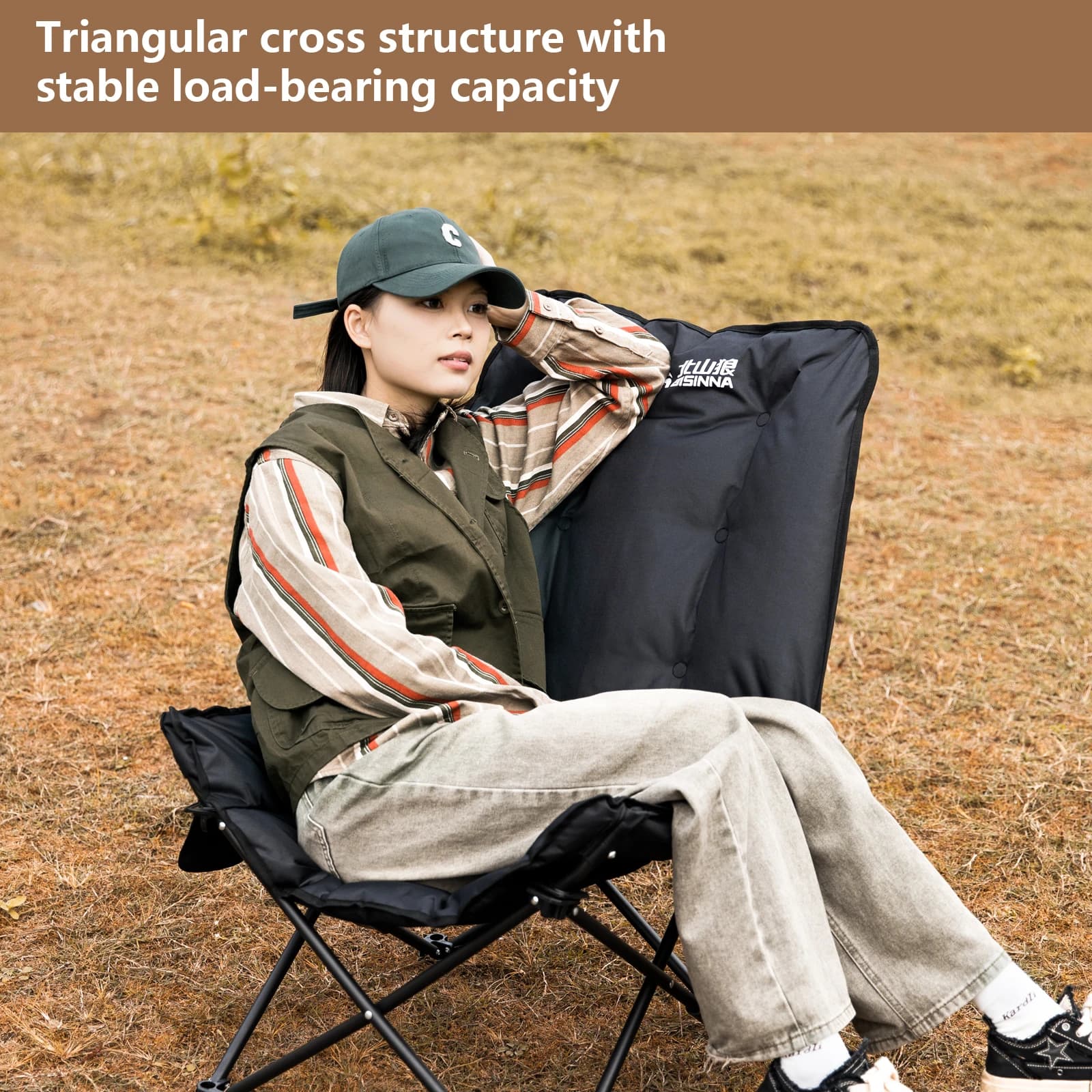 Chaise lune de camping pliable à dossier haut - Réglable pour pêche, randonnée et pique-nique