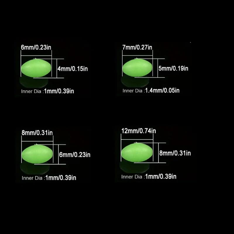 100 perles lumineuses ovales pour pêche nocturne - Billes flottantes appâts 4-8mm