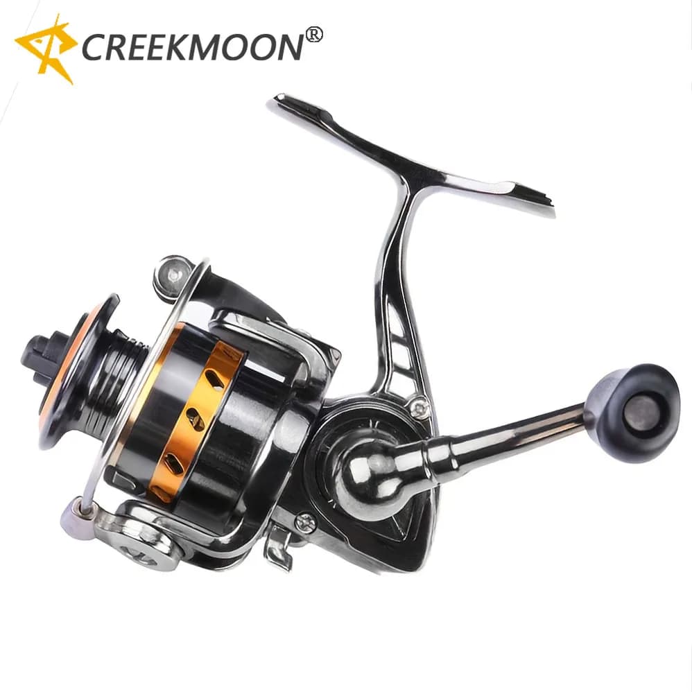 Moulinet tout métal Creekmoon pour pêche hivernale et glace - Corps gapless - Frein 6kg - Roue à main tripode