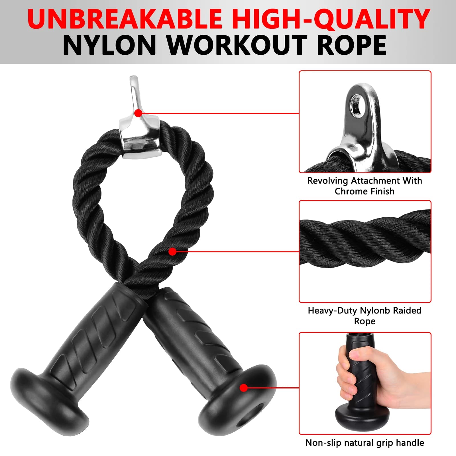 Corde triceps ergonomique Hikeen avec poignée antidérapante - Réduit la pression sur les poignets