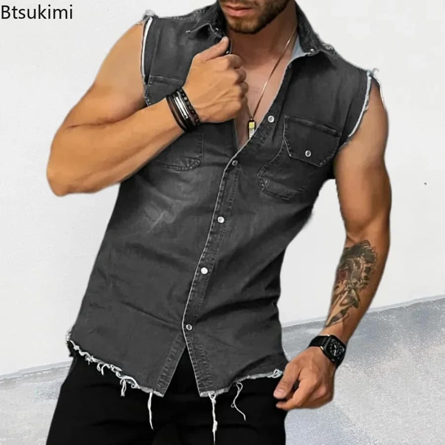 Veste sans manches en jean décontractée pour homme été 2026, décolleté et poche poitrine, style hip hop