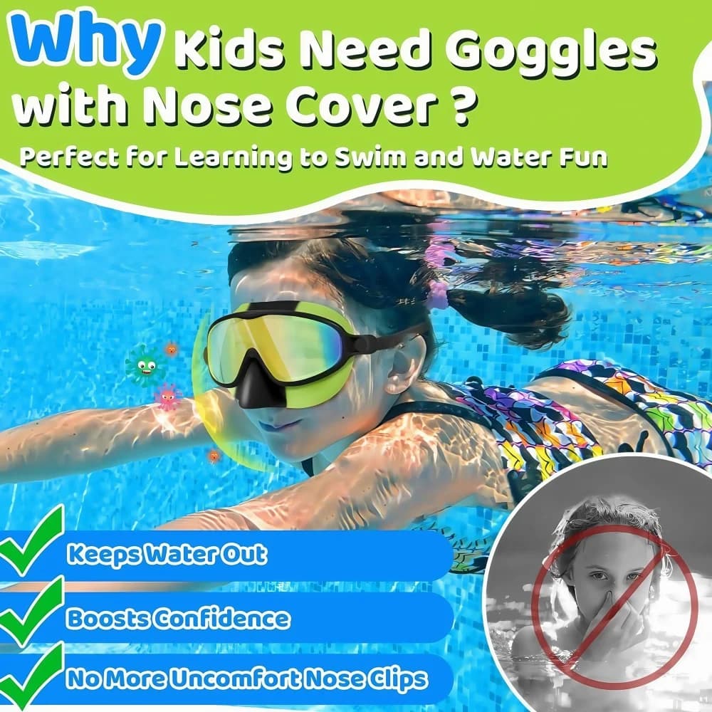 Lunettes de natation enfants 3-15 ans avec couvre-nez vision large anti-fuite UV