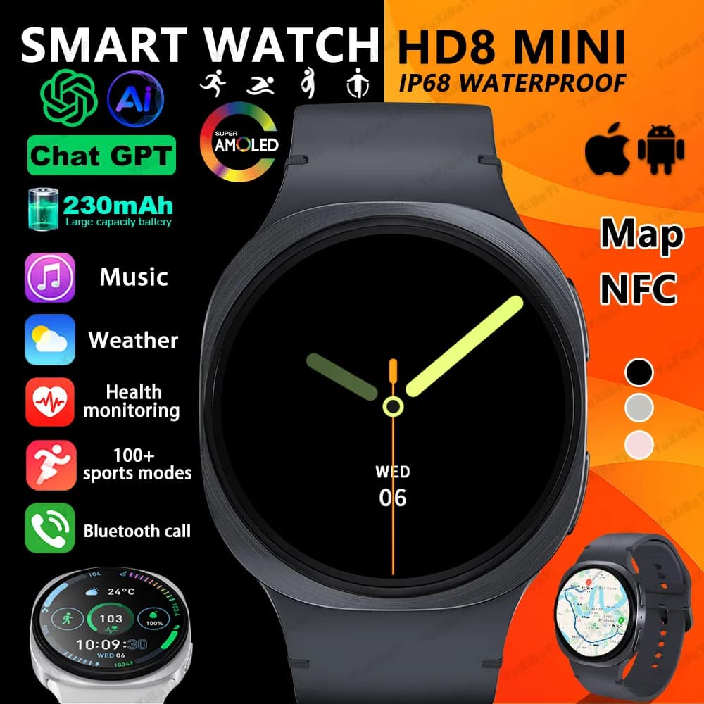 Montre connectée 8 Mini 2025 GPS AMOLED étanche - Smartwatch santé sport appels Bluetooth pour hommes femmes