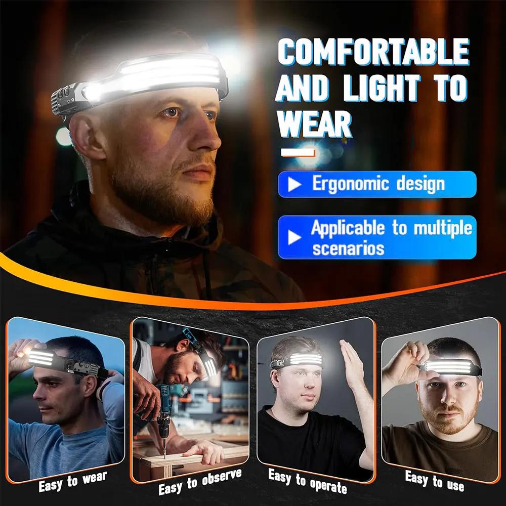 Lampe frontale COB à induction rechargeable intégrée pêche détecteur de mouvement étanche 1-5 pièces