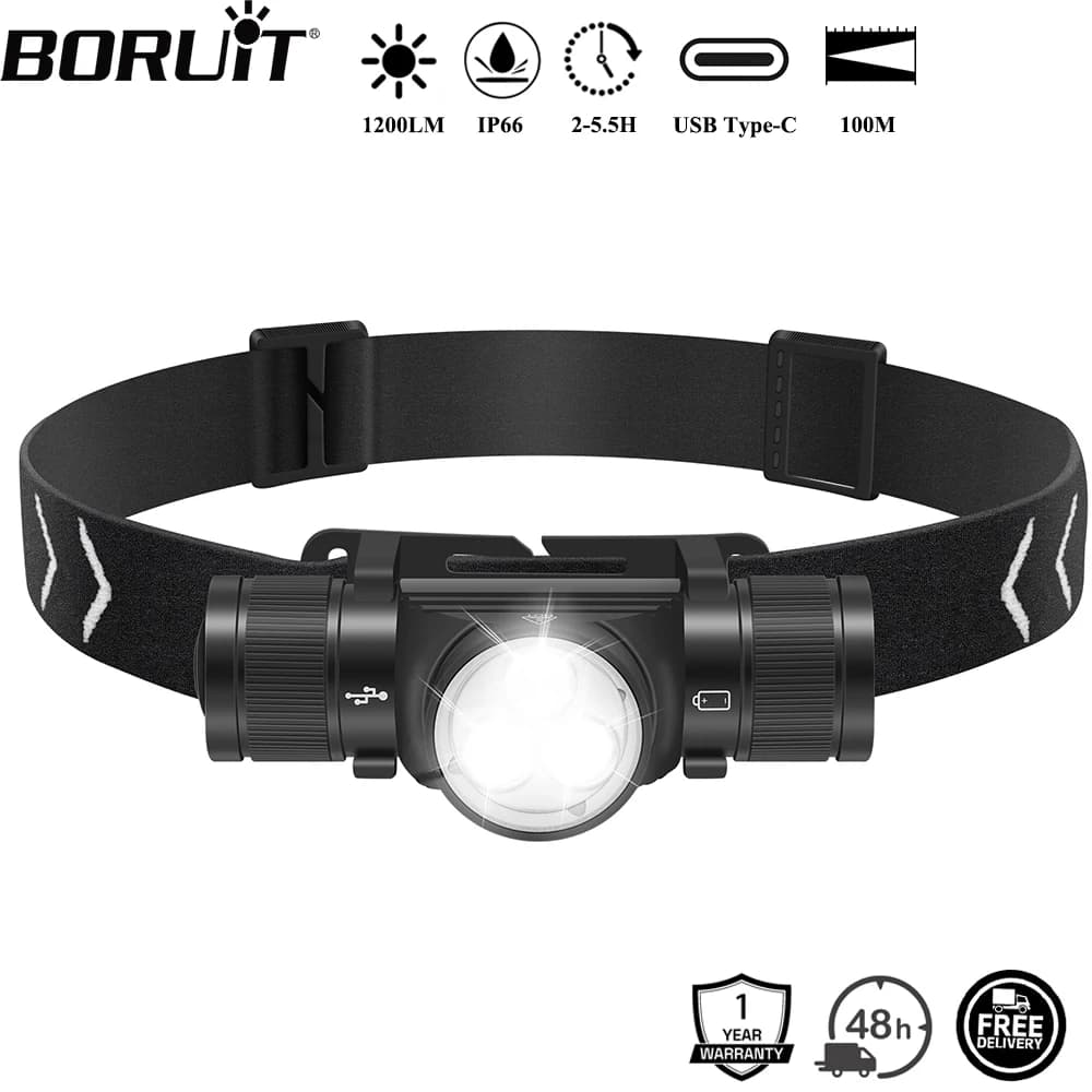 BORUiT HP330 lampe frontale 3 LED 1200LM étanche rechargeable Type-C pour pêche camping - Torche frontale