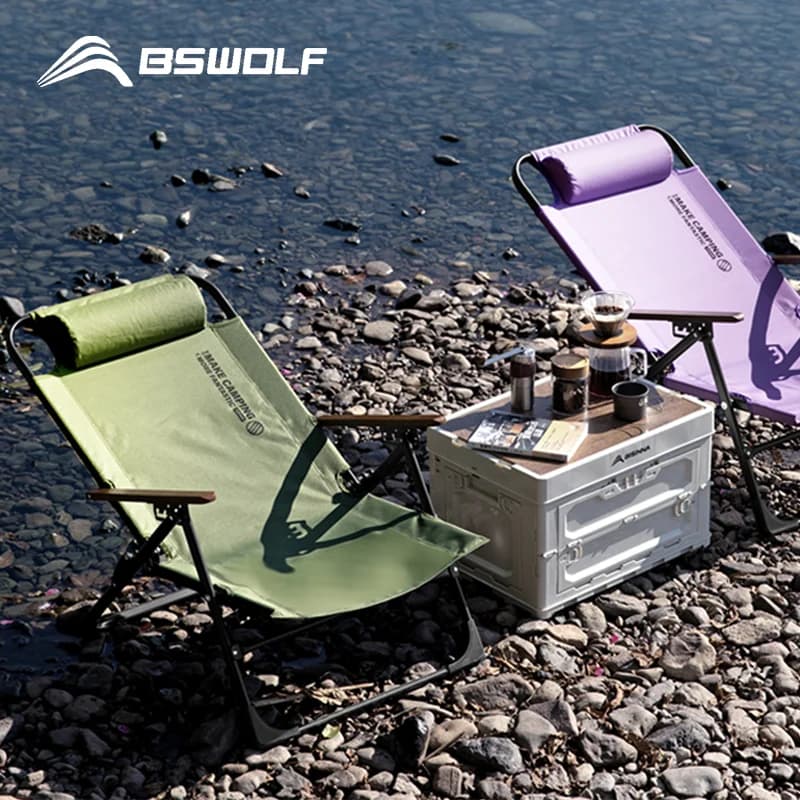 Chaise relax de camping BSWOLF pliable portable avec accoudoirs ajustables et coussin amovible détente