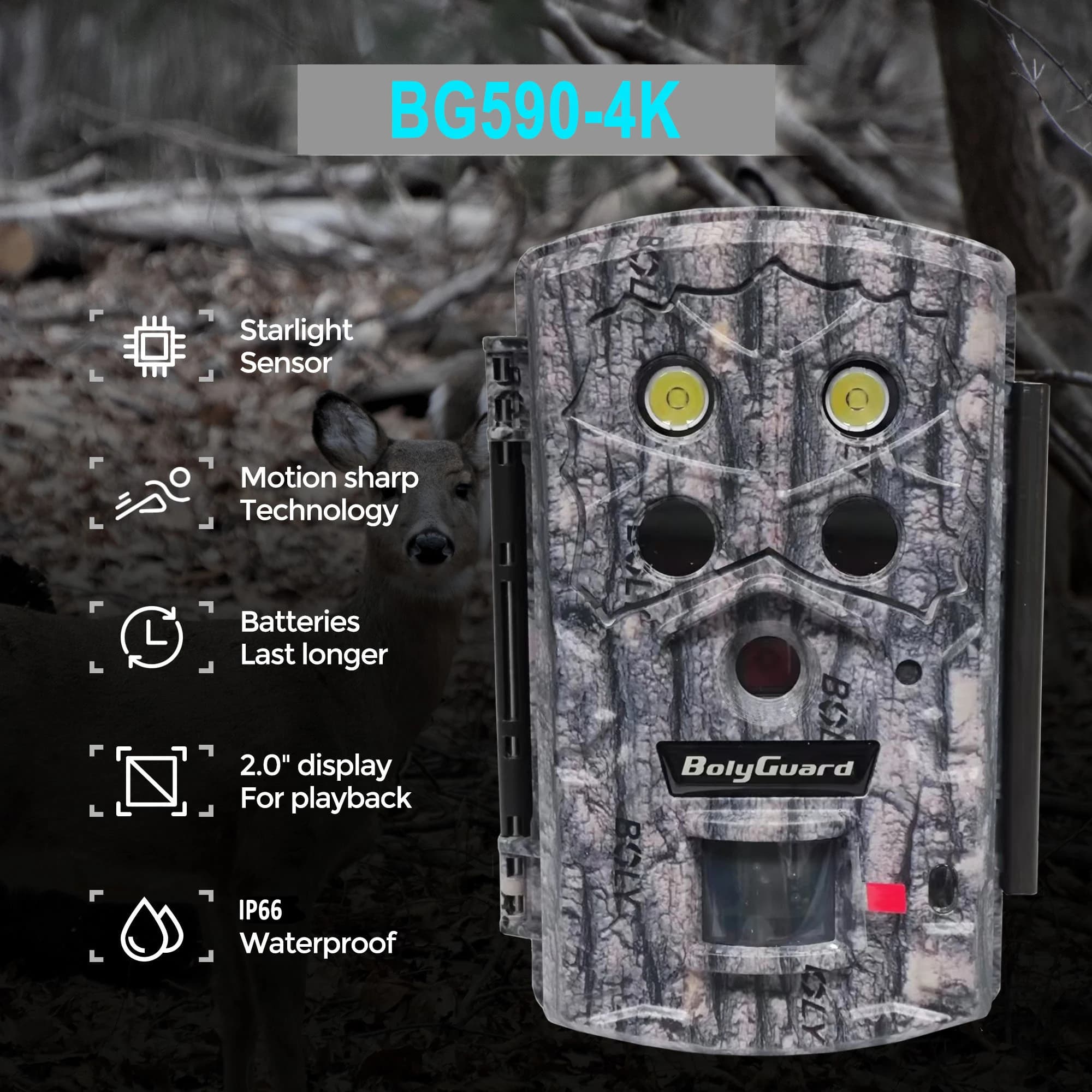 BolyGuard BG590-4K caméra trail 45MP/4K vision nocturge starlight 30m IP68 étanche pour chasse professionnelle