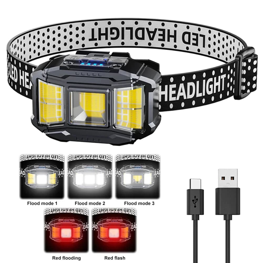 Lampe frontale pêche nocturne COB LED USB affichage puissance torche puissante extérieur