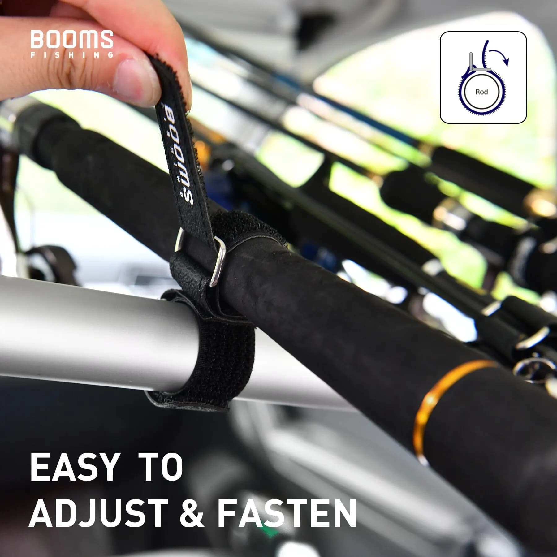 Porte-cannes auto Booms Fishing RB2 10 sangles robustes pour fixer cannes sur barres de véhicule portable