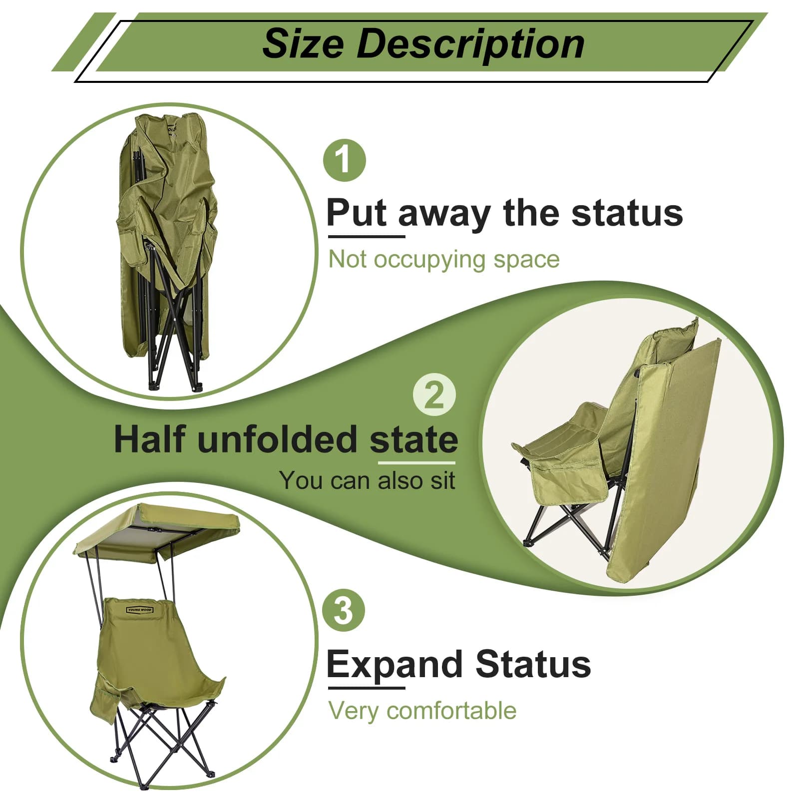 Chaise pliante pêche avec ombrière YOUNG WOOD - Siège large avec protection solaire plage