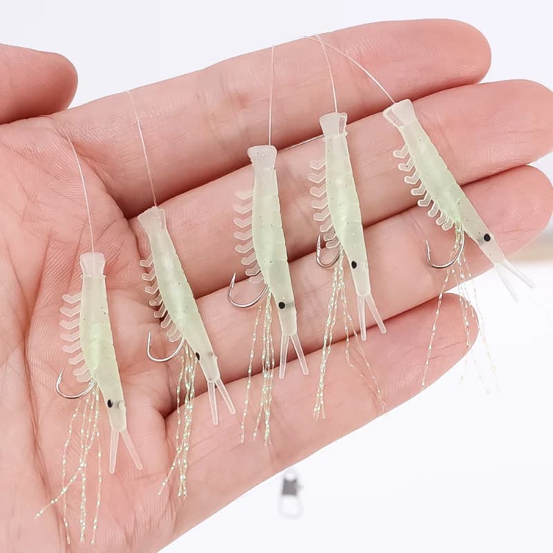 Leurres souples crevettes lumineux 5 pièces - Hameçons barbelés pour maquereau et morue - Pêche en mer