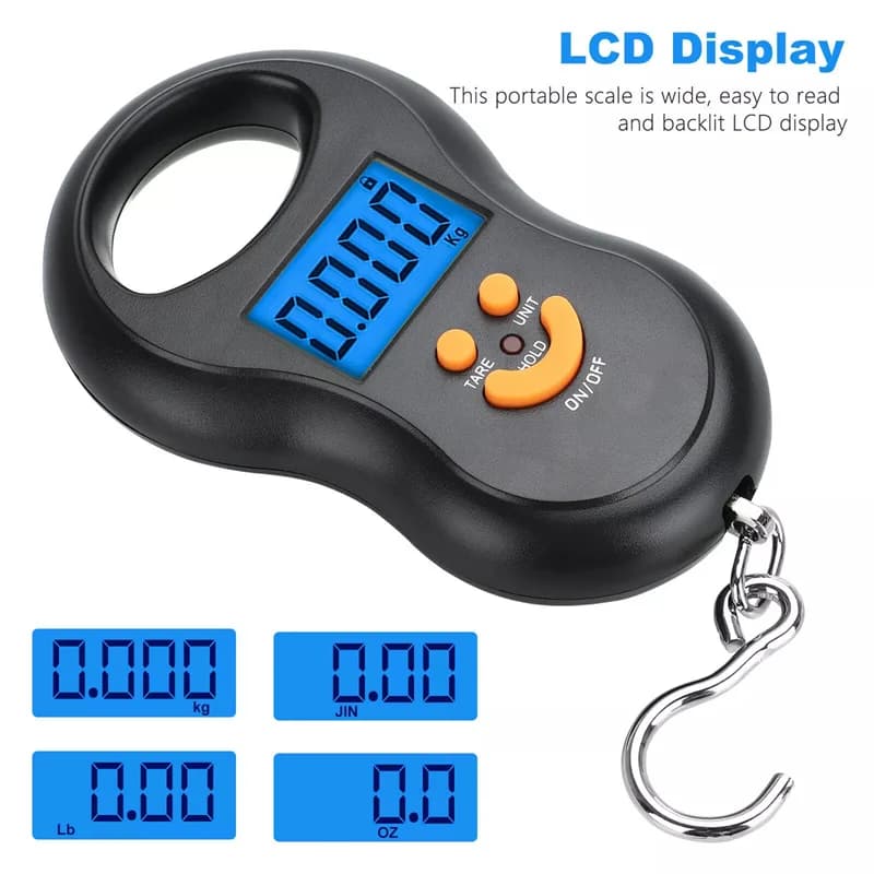 Balance de cuisine digitale 50kg avec rétroéclairage pour pêche, pesée appâts et matériel, balance accrochable