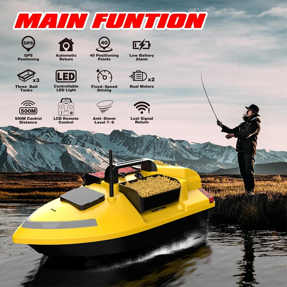 Bateau appât télécommandé V020 GPS avec sondeur poissons, double moteur et fonction cruise pour pêche carpe