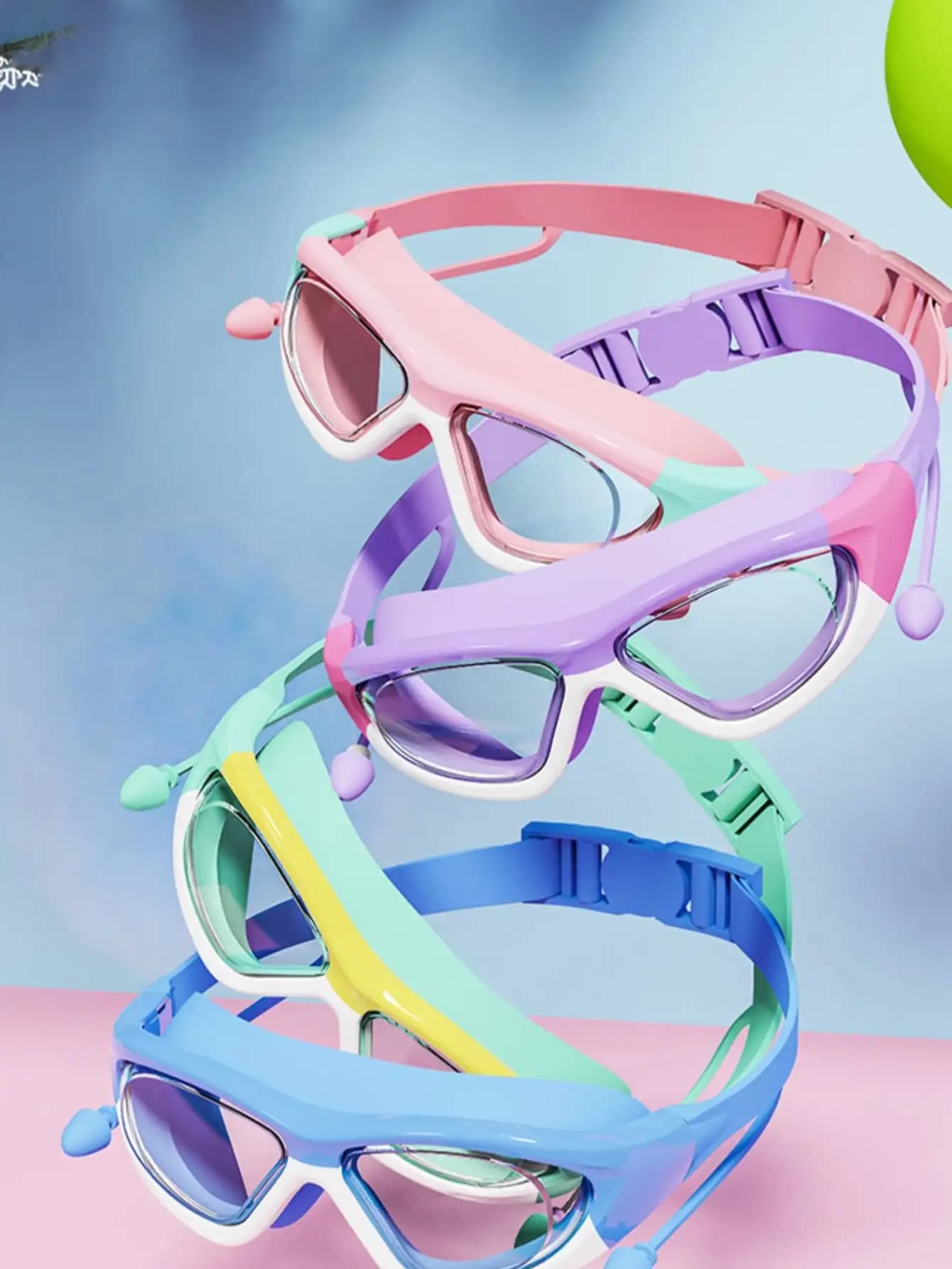 Lunettes de natation enfant grand cadre HD étanches - Anti-buée avec bouchons d'oreilles connectés