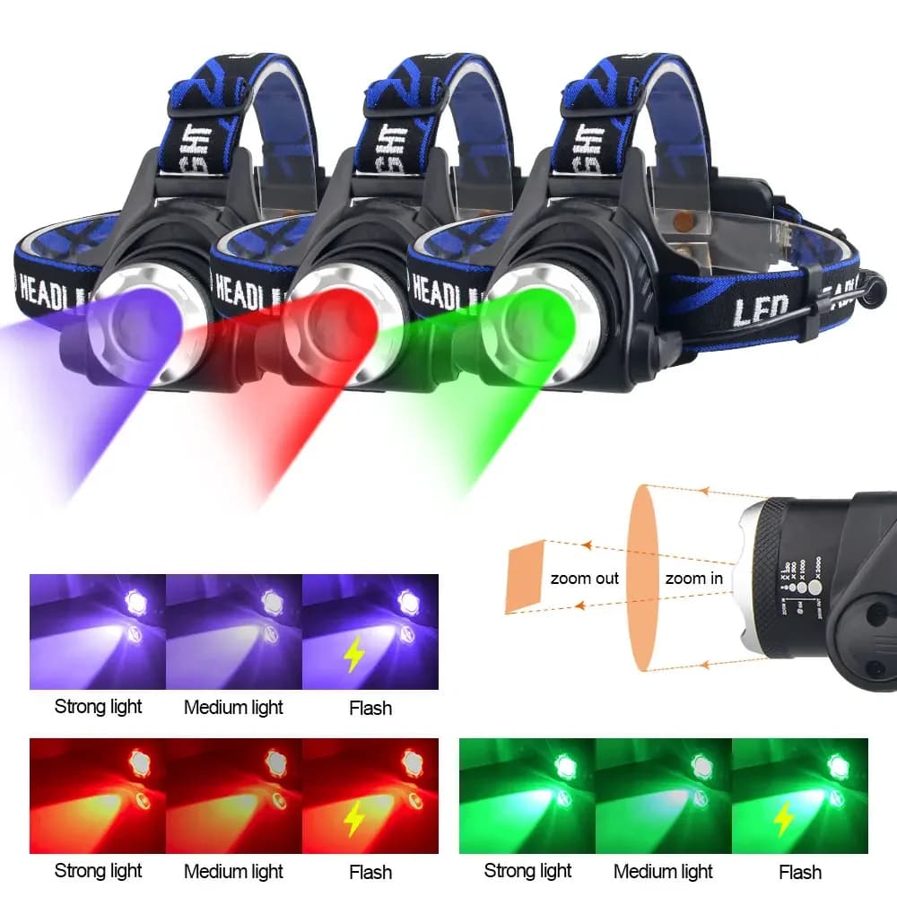 Lampe frontale LED rouge et verte zoomable pour pêche tactique nocturne étanche