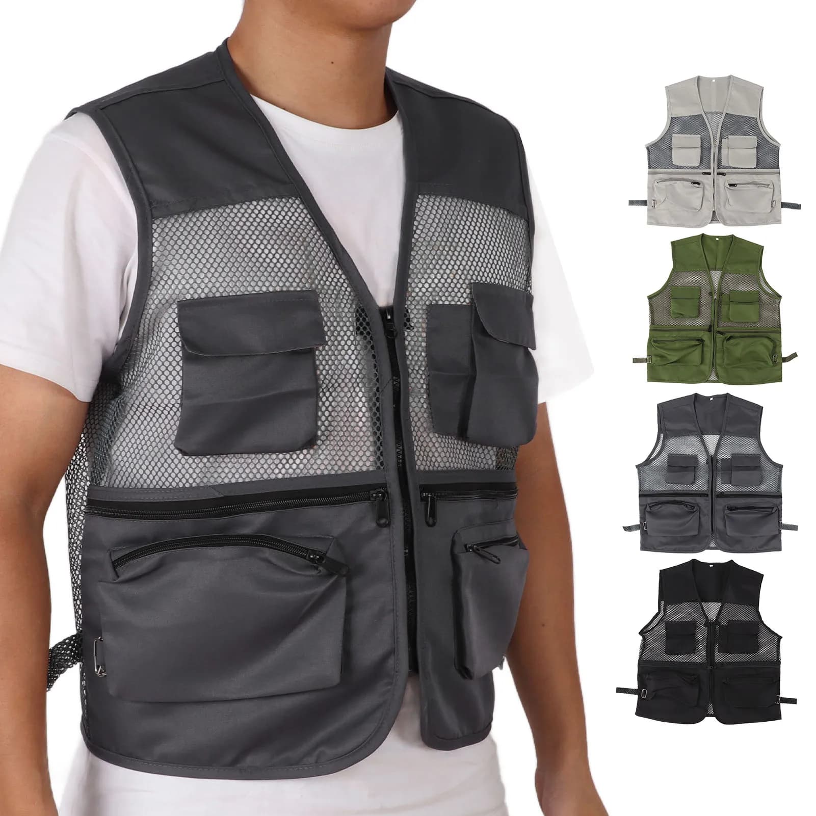 Gilet de pêche respirant multipoches militaire - Veste technique pour activités extérieures et pêche sportive