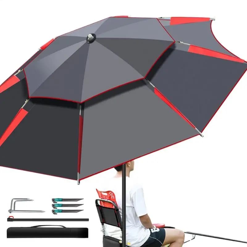 Parapluie pêche robuste double toit rond déporté grand format ombre soleil terrasse pêche ronde