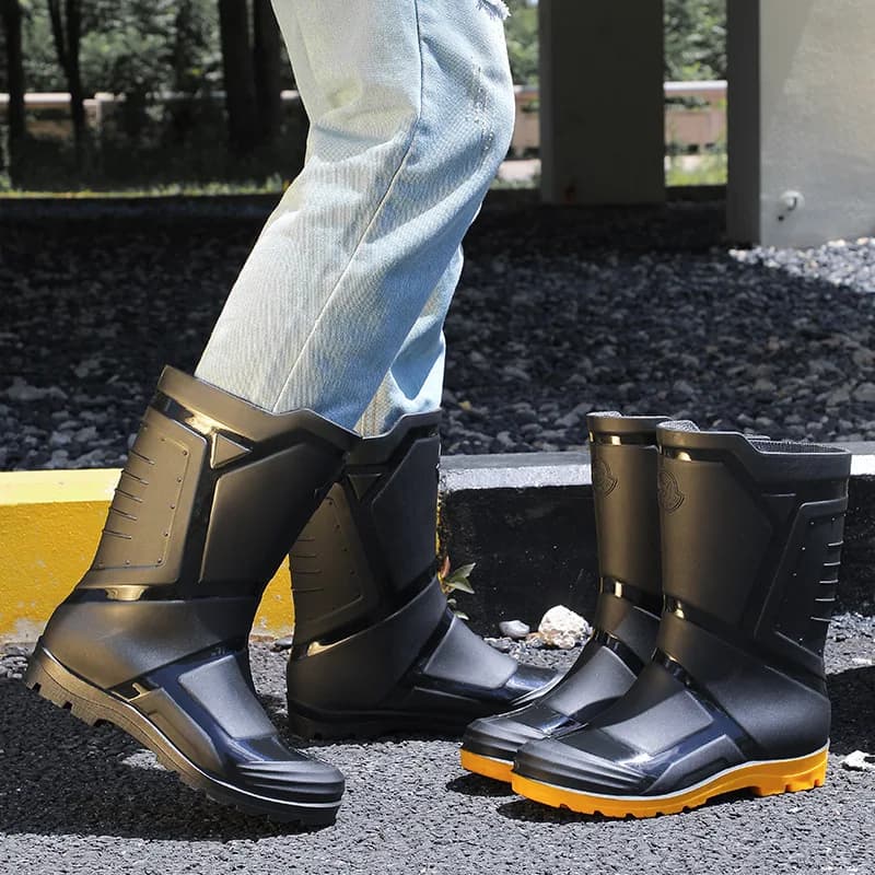 Bottes de pluie homme fashion mi-mollet imperméables antidérapantes outdoor lavage auto PVC bout rond talon bas