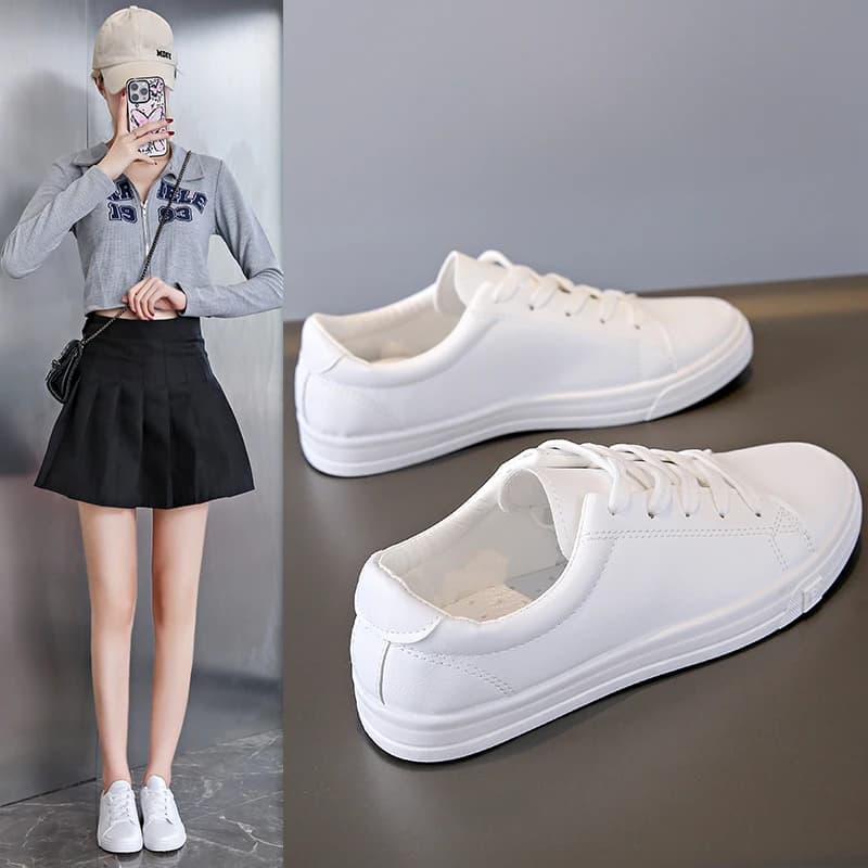 Baskets casual femme pêche étudiantes - Chaussures sport cuir PU blanc vulcanisées