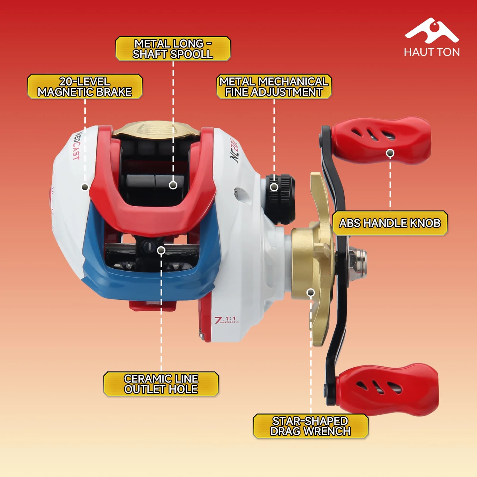 Moulinet casting ultraléger HAUT TON NC200 5kg frein, 3+1 roulements métal, ratio 7.1:1 pour eau douce et mer