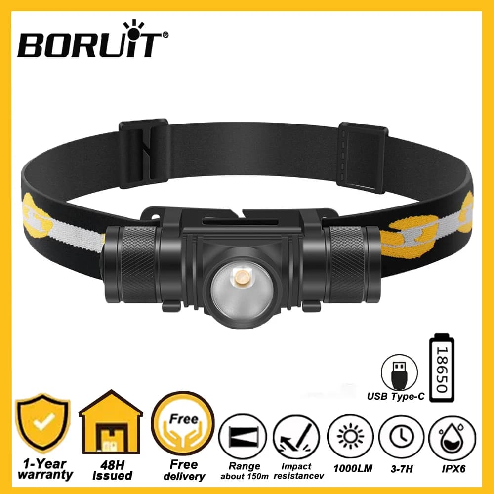 Lampe frontale BORUiT D10 LED étanche Type-C 18650 pour pêche et travaux outdoor