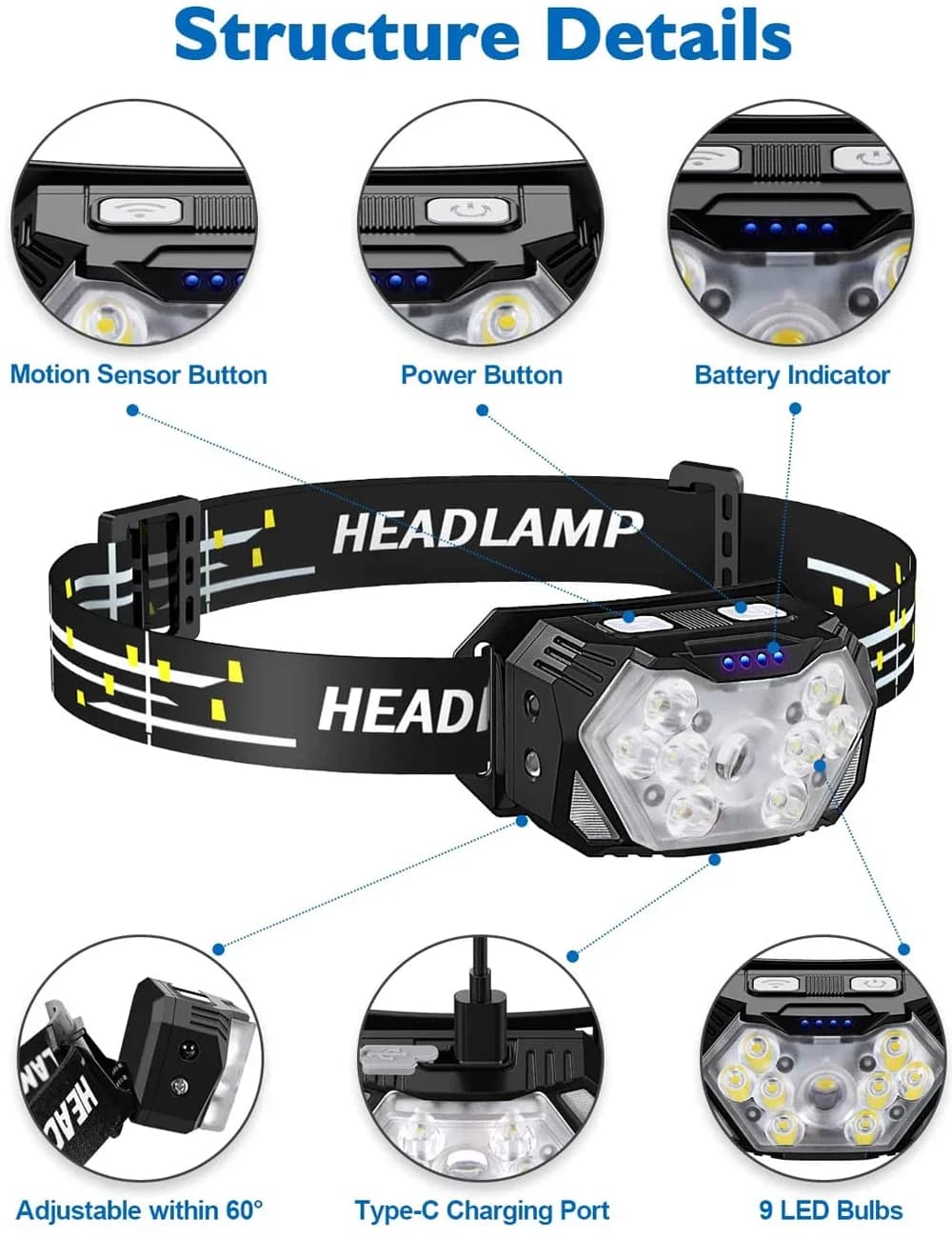Lampe frontale pêche 9 LED rechargeable capteur mouvement pour camping et travail nocturne