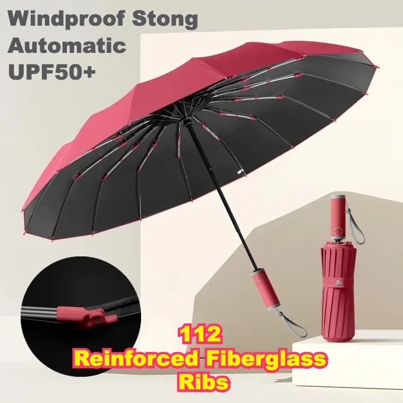 Parapluie automatique anti-vent 112 fibres de verre renforcées tempête UV 50+ compact homme femme
