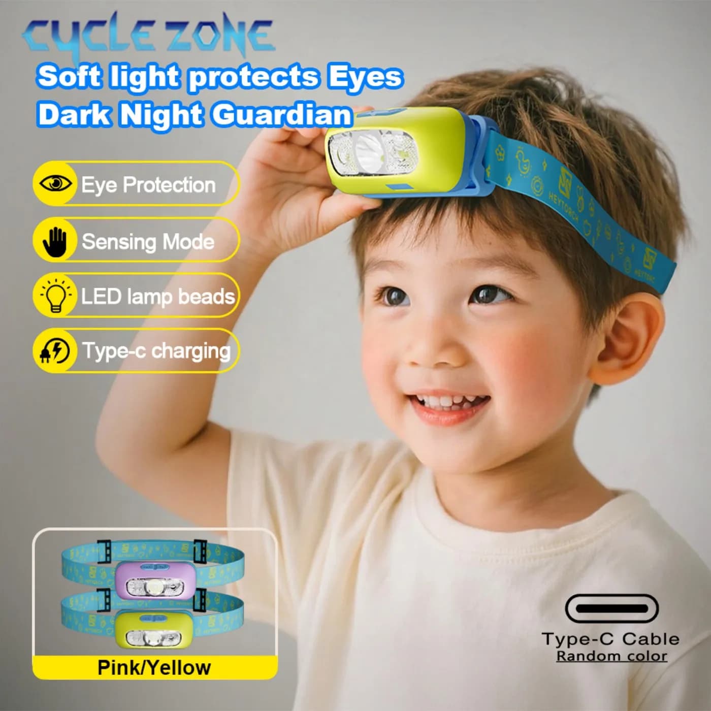 Lampe frontale enfants LED détection recharge USB-C pêche vélo camping sécurité
