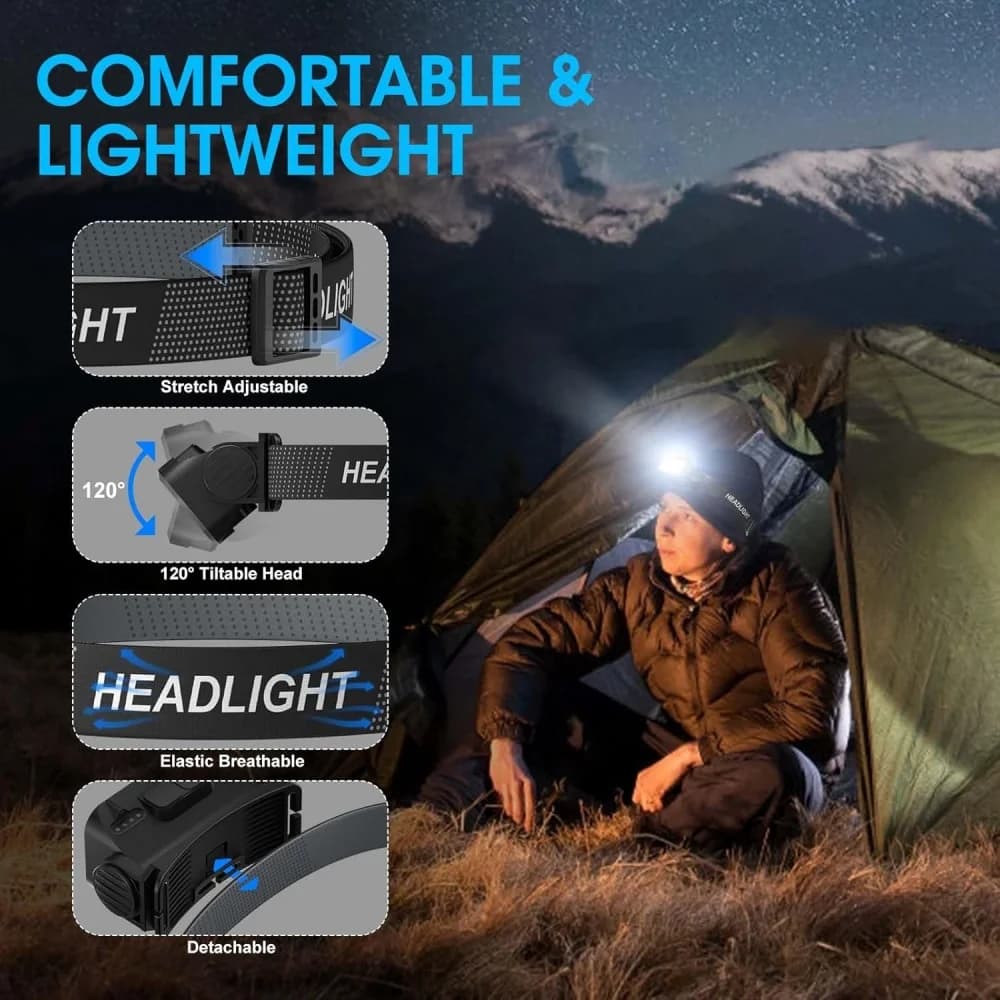 Lampe frontale rechargeable à détecteur de mouvement 8 LED ultra-bright pour pêche et activités nocturnes