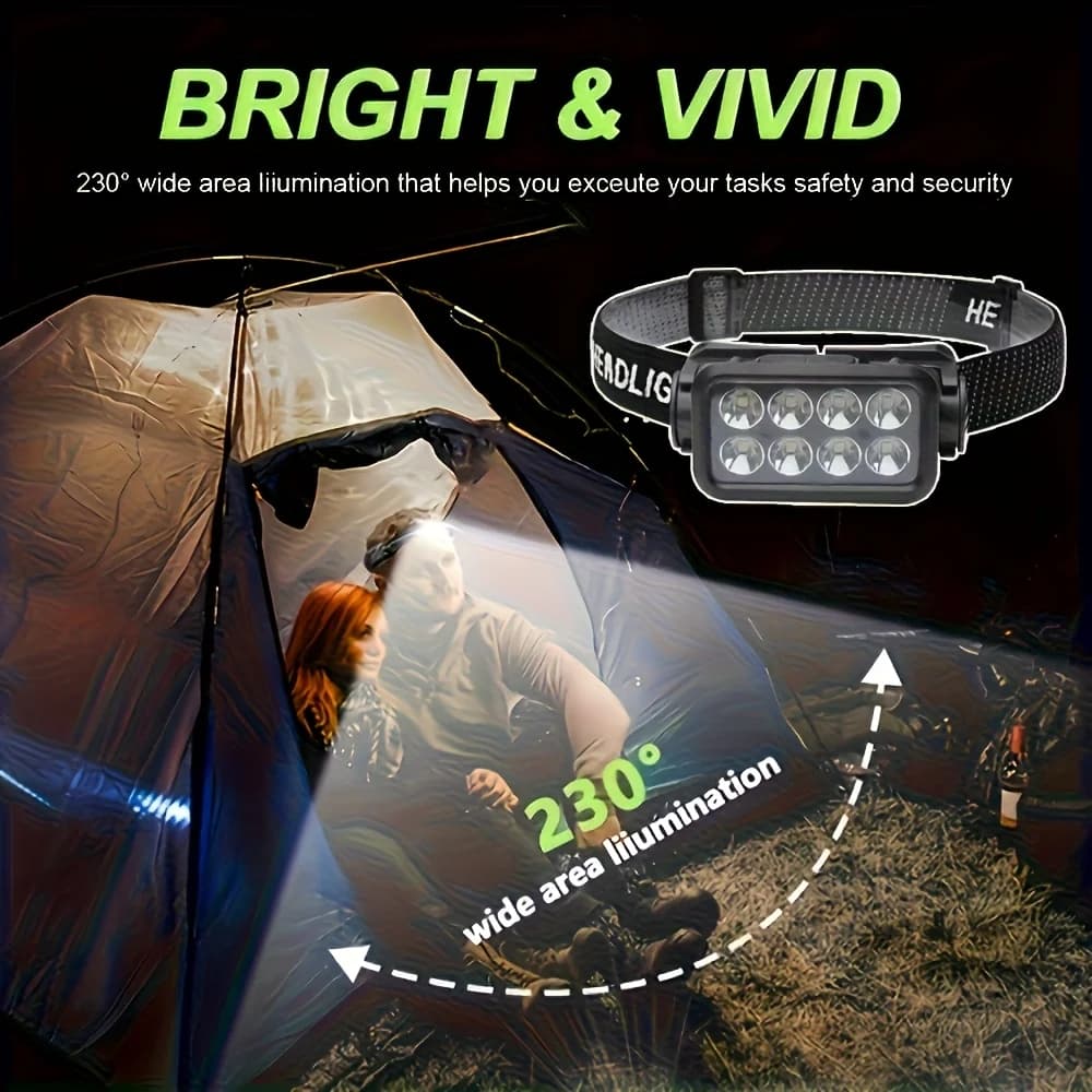 Lampe frontale rechargeable détecteur de mouvement pour pêche nocturne, 8 LEDs ultra-légère et puissante