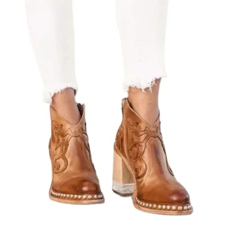 Bottines femme cuir talons bas broderie britannique - Chaussures soirée PU design cool