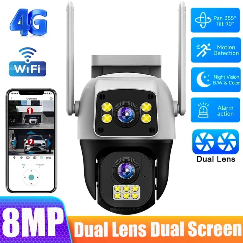 Caméra surveillance 4G SIM 8MP double lentille écran WiFi extérieure détection humaine PTZ sécurité