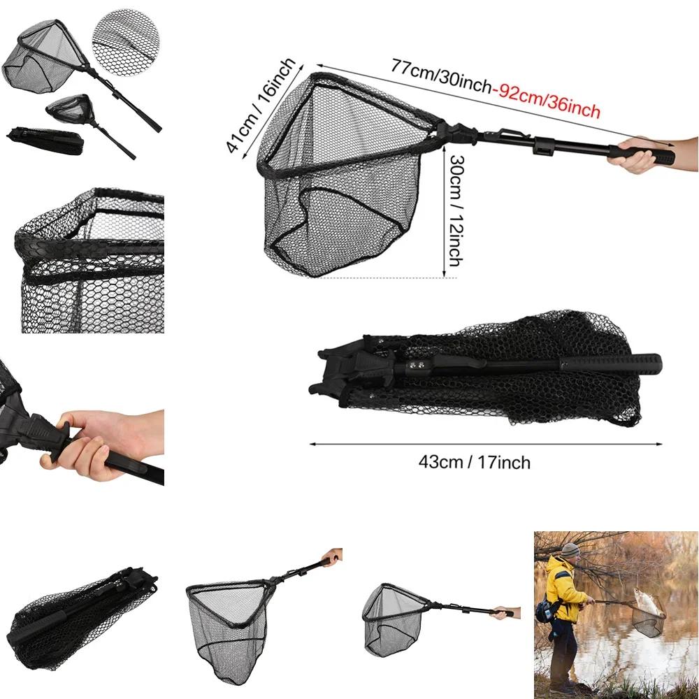 Filet de réception pêche à la mouche maille caoutchouc douce léger portable avec manche aluminium