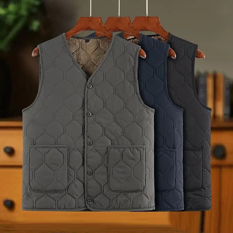Gilet homme sans manches polaire épais hiver col V boutonnés plaid casual