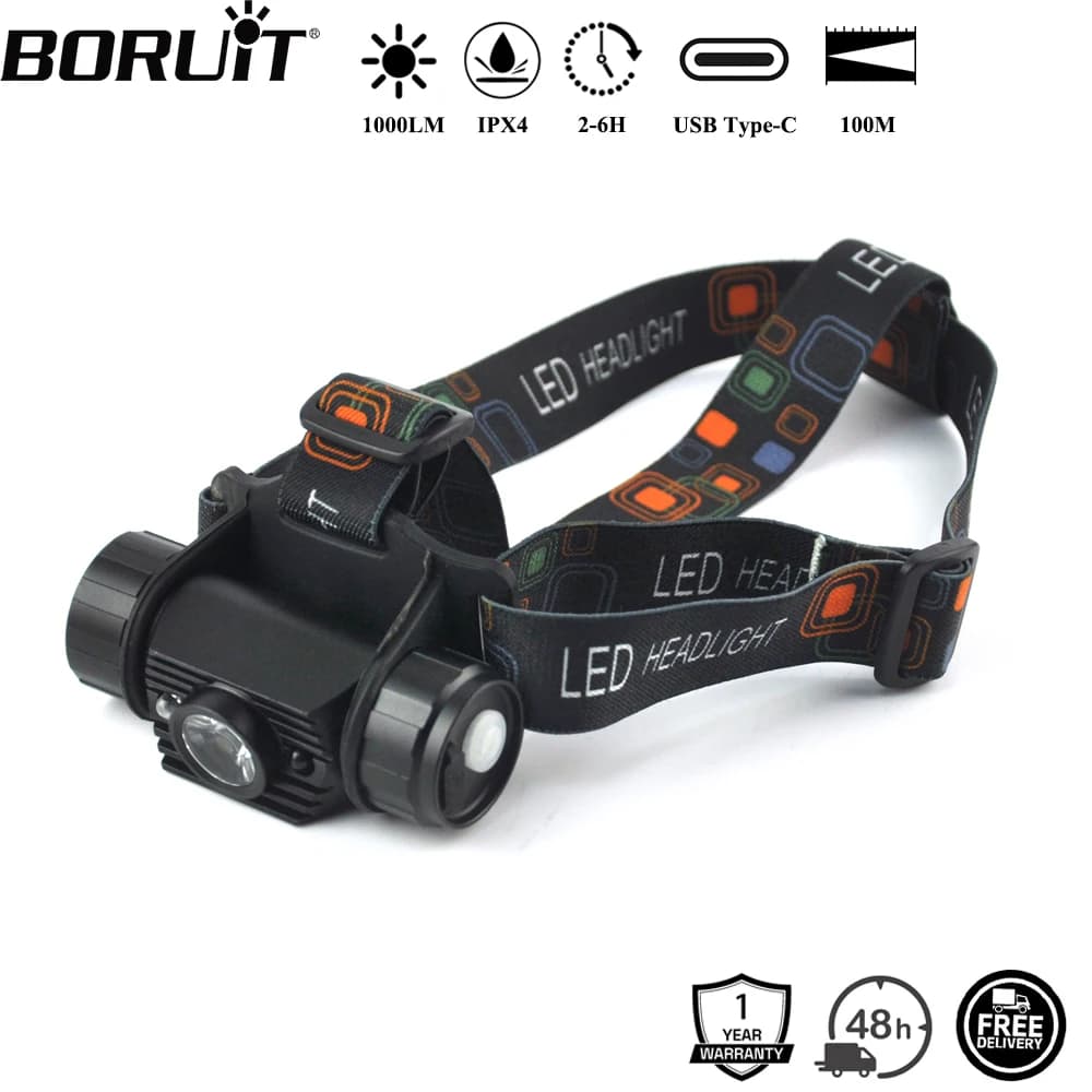 Lampe frontale BORUiT 020 avec détecteur de mouvement 1000LM rechargeable USB-C étanche pêche
