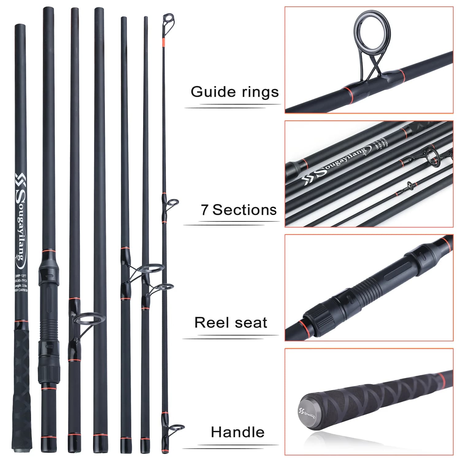Canne à carpe Sougayilang portable 3.0-3.6m 6/7 brins fibre carbone pour pêche voyage feeder