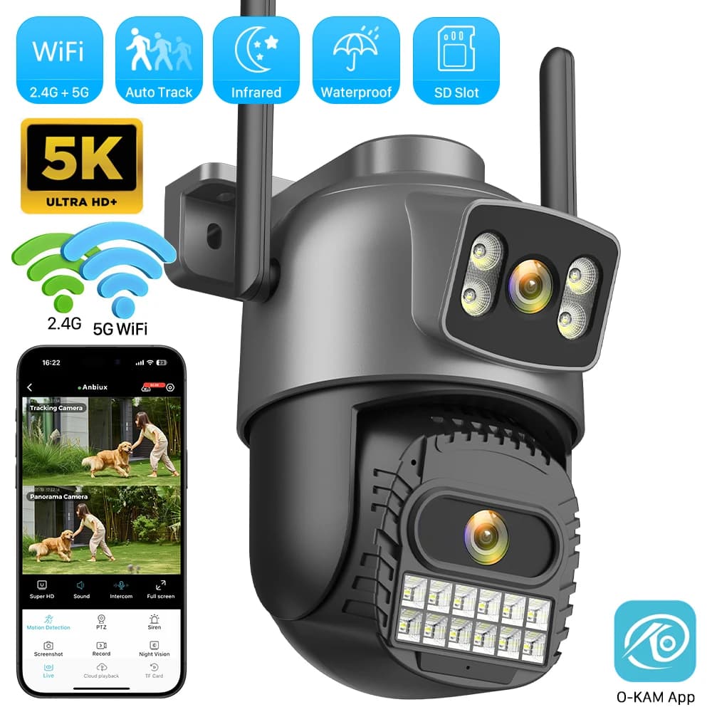 Caméra de surveillance extérieure ANBIUX 10MP 5K WiFi double objectif - détection IA PTZ auto-cruise 2.4G/5Ghz